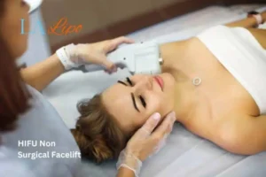 Woman having Hi-Fu to reduce wrinkles Bethnal Green.