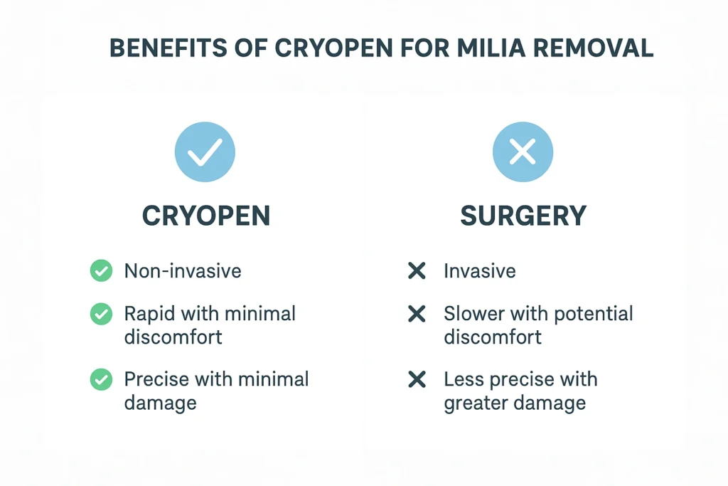Benefits of cryopen for milia removal Bethnal Green compared to surgical treatments.