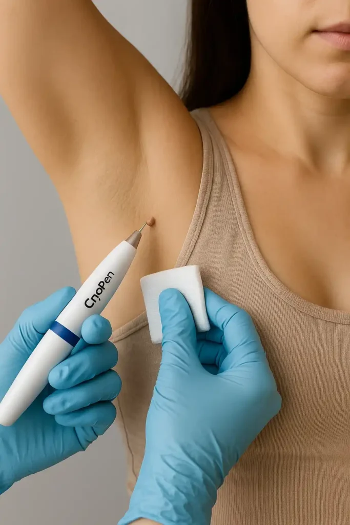 woman having cryopen to remove underarm skin tags Bethnal Green