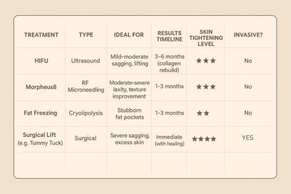 Table showing the comparisons of Skin tightening Bethnal Green treatment options.